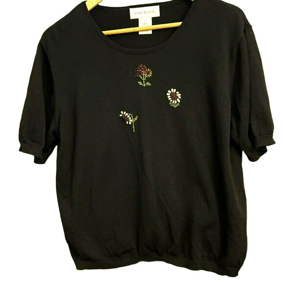 Susan Bristol Women Black Beaded Floral Embroidered Sweater Size XL Short Sleeve - Picture 1 of 4